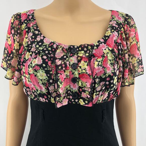 Love Tease SMALL Y2K Black Pink Floral Babydoll Empire Bodycon Sheath Mini Dress - Picture 2 of 5